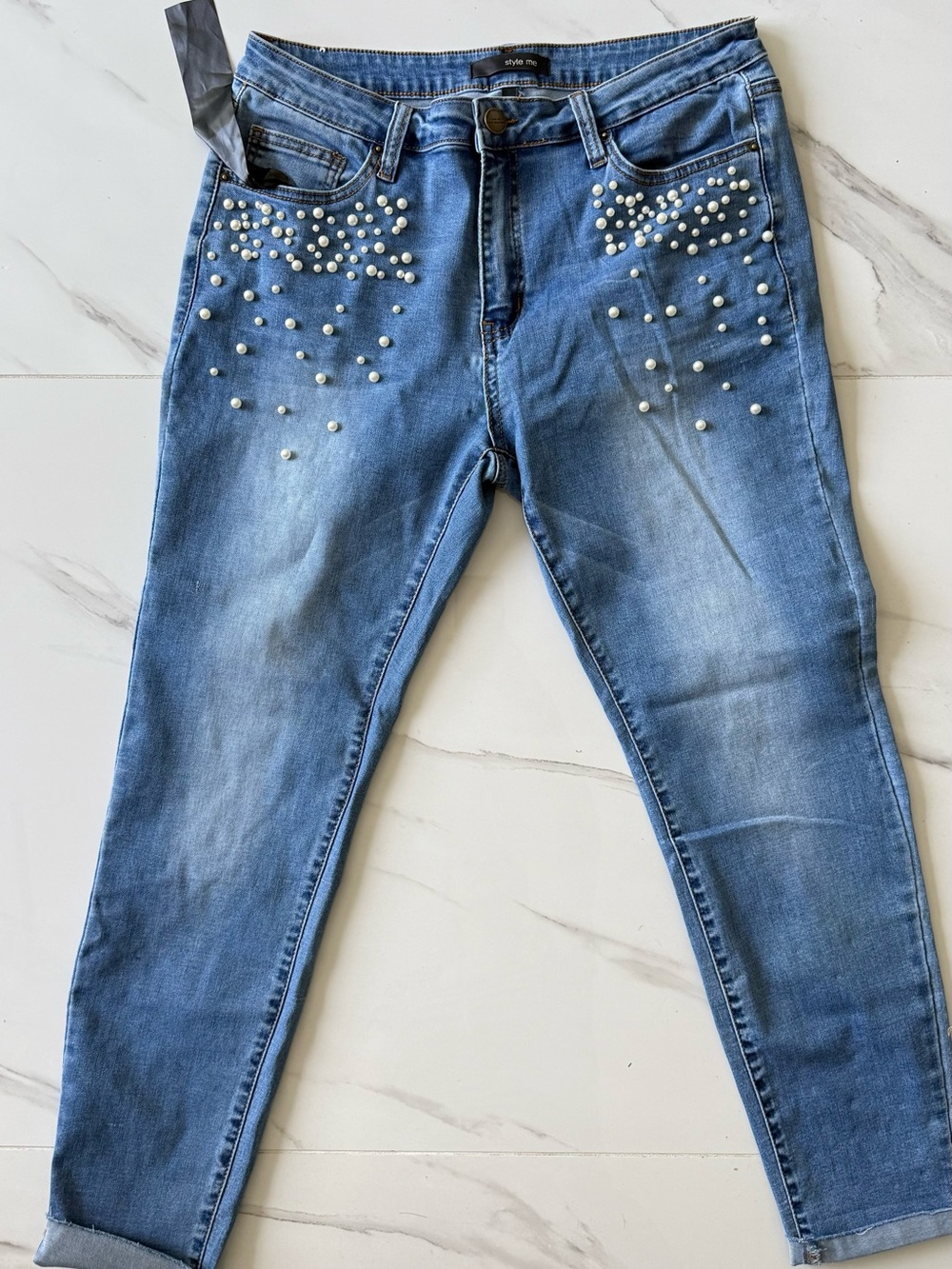 Pearl-Accent Light Blue Skinny Jeans for Women